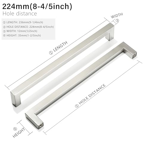 Cabinet Pulls Brushed Nickel Cabinet Handles Square Drawer Pulls, 10 Pack 8-4/5 Inch Stainless Steel Kitchen Door Cupboard Cabinet Handles, Cabinet Hardware Drawer Handles, 224mm Hole Centers - color: Brushed Nickel, size: Two Hole - 8-4/5 inch Hole Cente