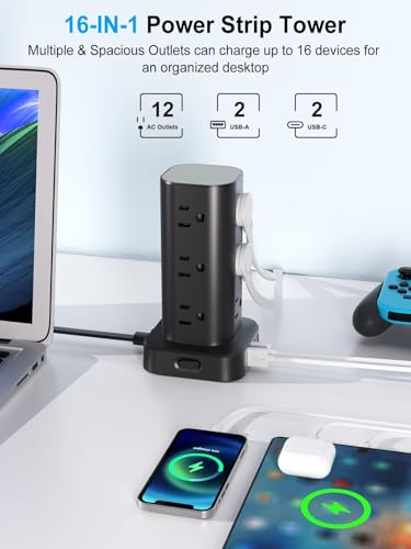 15FT Power Strip Tower Surge Protector, 12 Wide Spaced Outlets, 4 USB - color: Black, size: 15FT without Wireless Charging