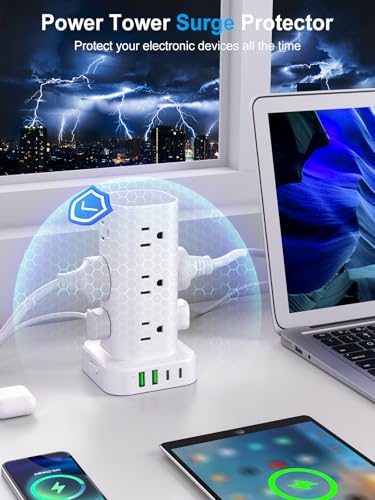 6FT Power Strip Tower with Wireless Charger,Surge Protector with 12 Outlets - color: White, size: 6FT with Wireless Charging