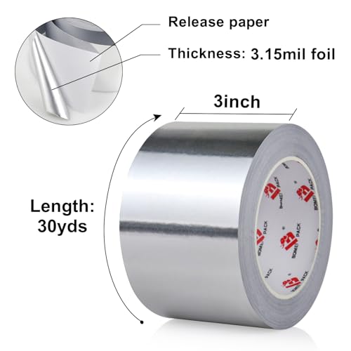 BOMEI PACK Aluminum Foil Tape,Heavy Duty Metal Foil Tape,High Temperature Silver Duct Tape,Perfect for Sealing & Patching,HVAC,Air Ducts,Insulation and Metal Repair (4 Inch) - size: 4 Inch x 30 Yards