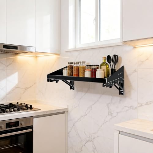 Folding Metal Floating Shelf, 17 x 10 Inch Wall Mounted Storage Rack with Lip — Holds 100LBs per Shelf, Space-Saving Foldable Design for Garage, Workshop, Kitchen & Office, Black (2 Pack)