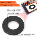 M5 Black Nylon Washers, 5mm ID, 10mm OD, 1mm Thickness, Plastic Flat Round Washers, 200 Pieces Nylon Washer Hardware Set - size: M5