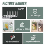 FURHUA 20pcs Super Hook Picture Hangers and Office Pack, Drywall Hooks for Hanging Pictures, Wall Hooks, Picture Hangers, Picture Hanging Kit，Hang Art, Clock, Shelves, Mirrors - style: Silver