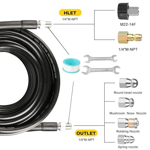 Pressure Washer Drain Jetter – Sewer Jetter Kit for Pressure Washer 50ft 1/4 Inch NPT Hose Nozzles and Adapter 5800PSI Clears Clogs in Pipes & Sewer Lines - size: 50FT X1/4in