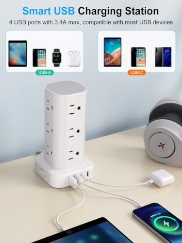 Power Strip Tower with Wireless Charger, Surge Protector with 12 Outlets - color: White, size: 10FT with Wireless Charging