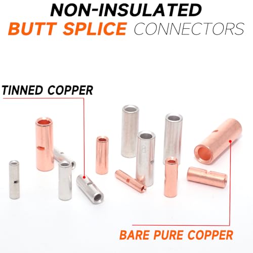 SVAAR 115 PCS 26-8 AWG Non-Insulated Butt Connectors Crimp Repair Butt Splices Kit, Uninsulated Butt Splice Connectors for 26 to 8 Gauge Wire, Marine Grade Tinned Copper Seamless Barrel Butt Terminals - color: Non-Insulated Splice - Tinned Copper