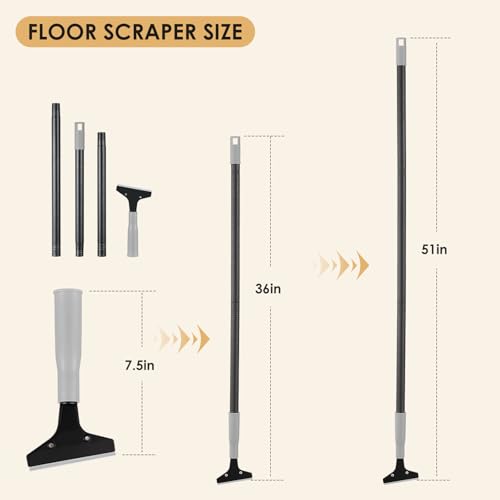 Heavy-Duty Floor Scraper, 4-Inch Razor Blade Scraper Tool, 51-Inch Long Handle, Includes 10 Extra Metal Blades, Paint Scraper for Cleaning Wall, Glass, Adhesives, Chewing Gum, Ceiling - size: 51in