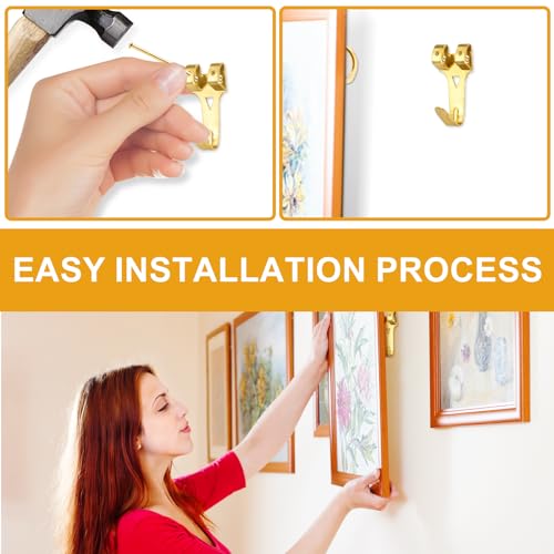 KURUI Picture Hangers, 385Pcs Picture Hanging Kit with Heavy Duty Picture Hanging Hooks, Sawtooth, Hardware Nails and Picture Hanging Tool, Wall Hangers for Frame, Painting, Art, Photo (Gold) - color: Gold