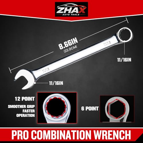 zhax 11/16" SAE Combination Wrench, 12 Point Box End, 15 Degree Offset Design, Mirror Polish Finish, Forged CR-V Steel, Hand Tools for Mechanics, Ideal for Auto and Home Repair - size: 11/16"