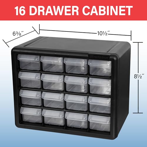 Akro-Mils 16-Drawer Plastic Storage Cabinet, 10.5"W x 6.5"D x 8.5"H, Black - size: 16 Drawer