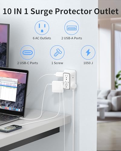 Outlet Extender 6 AC Surge Protection 1050J,Wall Charger 2 USB A&2 USB C - size: 1 pack