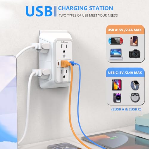 2 Pack Outlet Extender Surge Protector, 6 Outlet Splitter with 4 USB Outlet (2 USB A,2 USB C), 3Sided Power Strip with Adapter Spaced Outlets for Home, Office, Travel(White)-ETL - color: White 2PCS