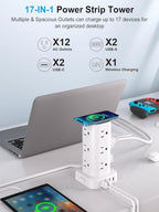 Power Strip Tower with Wireless Charger, Surge Protector with 12 Outlets - color: White, size: 10FT with Wireless Charging