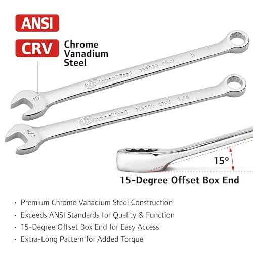 Ingersoll Rand 11-Piece Long Pattern Combination Wrench Set – SAE Sizes 1/4" to 7/8", Premium Chrome Vanadium Steel, 5° Offset Box End, Extra-Long Handles with Molded Storage Tray – 752058X - style: SAE Wrench