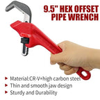 9-1/2 Inch Offset Hex Adjustable Pipe Wrench, CR-V Hook Jaw, 1-1/8 to 2-5/8 Inches