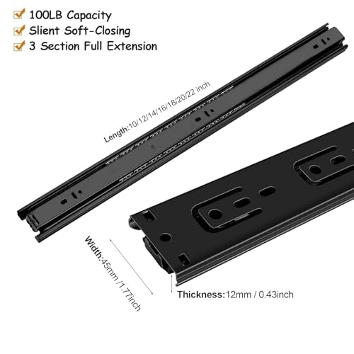 20 inch Drawer Slides 6 Pairs (12pcs) Full Extension Ball Bearing Drawer Rails Side Mount 3 fold Metal Dresser Runners for File Cabinet Trash Can Kitchen Wardrobe Glides 20" Black 100 LB Capacity - size: 20inch(500mm)