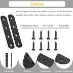 8 Pack Black Straight Brace Brackets 4 Inch Stainless Steel Flat Mending Plates, Heavy Duty Repair Fixing Joining Brackets for Wood Furniture with Screws