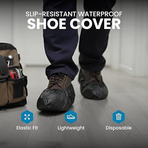 Waterproof Shoe Covers – Non-Slip, Disposable CPE Boot Covers, Black, 100 Pack - style: Black Bag of 100