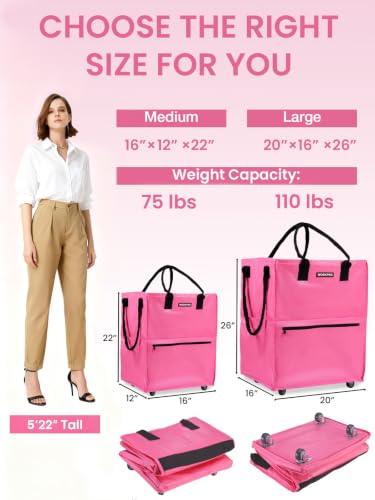 WORKPRO Large Rolling Grocery Bag, 36-Gallon Rolling Tote with 5 Wheels - color: Pink, size: Large