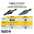 Klein Tools KTSB03 Step Drill Bit Double Fluted #3, 1/4 to 3/4-Inch with Easy-to-Read Markings and Targets, 3/8-Inch Hex Shank - size: 1/4 to 3/4-Inch, style: Standard