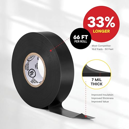 TAPEWELL Vinyl Electrical Tape Black, Professional Grade, 3/4 inch x 66ft, Pack of 10 - size: Pack of 10