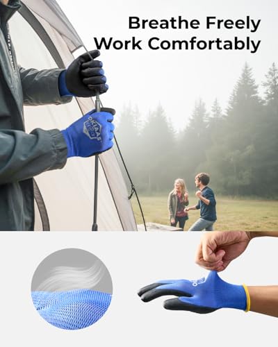 OKIAAS Men's Blue Medium Thin and Lightweight Working Gloves with Grip, 12 Pairs Bulk Pack Construction Gloves - color: Blue (12 Pairs), size: Medium
