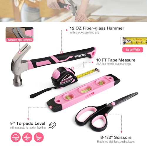 WORKPRO 258PCS Pink Tool Set, Portable Home Basic Tool Kit Box for Women