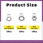 Swpeet 30Pcs Metric 304 Stainless Steel M16 Hex Nuts and M16 Flat Washers with Split Lock Washers Assortment Kit, Coarse Thread Hexagon Nut for Home Automotive Shop Use - size: M16 Hex Nuts & Washers