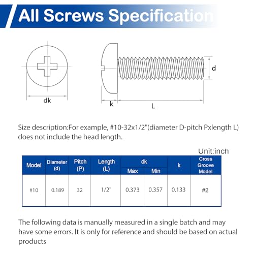 60Pcs #10-32 x 1/2" Phillips Pan Head Machine Screws, UNF Fully Threaded - size: #10-32 x 1/2"