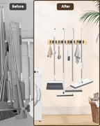 AceMining Light Wood Broom Holder Wall Mount, 4 Holders 4 Hooks Mop Holder - color: Light Wood, size: 1 Pack