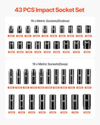 VEVOR Impact Socket Set, 1/2 Inches 43 Piece Impact Sockets, 1/2 Inches Drive Socket Set, High-torque Standard Socket Assortmen with 4 Extension Bars, 6-Point Sockets Metric 9-30mm (Standard/Deep) - size: 1/2" 43 PCS