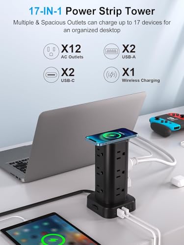 Power Strip Tower with Wireless Charger,Surge Protector with 12 Outlets - color: Black, size: 15FT with Wireless Charging