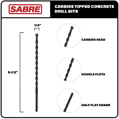 1/4 Inch x 5-1/2 Inch Masonry Drill Bit, 10-Pack Concrete Drill Bit, Carbide Tipped for Concrete, Brick, Stone, Half Flat Shank, Impact Performance (1/4" x 5.5", 10) - size: 1/4" x 5-1/2"