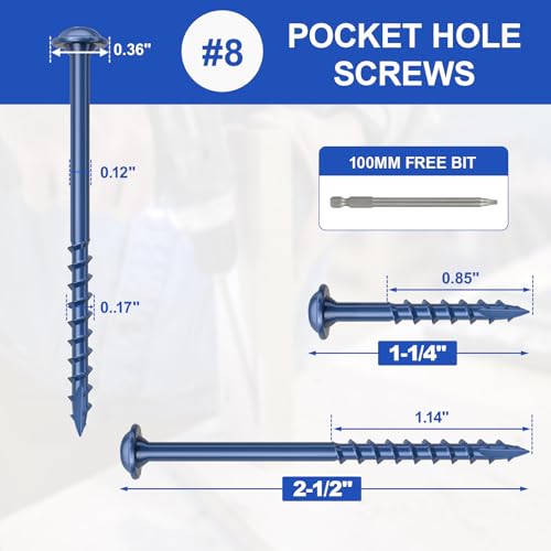 #8 Pocket Hole Screws 2-1/2 Inch, 100Pcs Coarse Thread Wood Screws, Drive Bit Included (Blue) - color: Blue, size: #8 x 2-1/2"