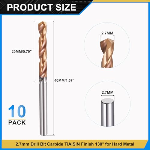 PATIKIL 2.7mm Drill Bit Carbide for Stainless Steel Hard Metal 130° 10 Pack - size: 2.7mm