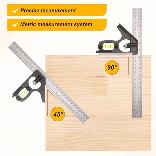 HARFINGTON 2Pcs Combination Square Ruler 12" / 300mm Metric Stainless Steel Carpenter Combo Square Metal Woodworking Measure Tool with Bubble Level for Metalworking and Carpentry, Silver