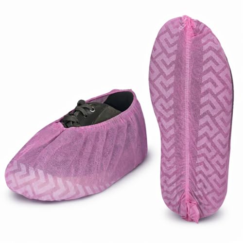 Premium Disposable Boot & Shoe Covers Booties, Durable, Non-Slip, Non-Toxic, Recyclable Protectors, Fits Most Shoes - Pink - Pack of 100 (50 Pairs) - style: Pink Bag of 100
