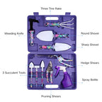 Garden Tools Set, JUMPHIGH 10 Pieces Gardening Tools with Floral Print, Ergonomic Handle Trowel Rake Weeder Pruner Shears Sprayer, Garden Hand Tools with Carrying Case Gardening Gifts for Women Father - color: Purple