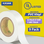 White Electrical Tape, UL Approved, 0.7in x 33ft, 9 Pack - color: White