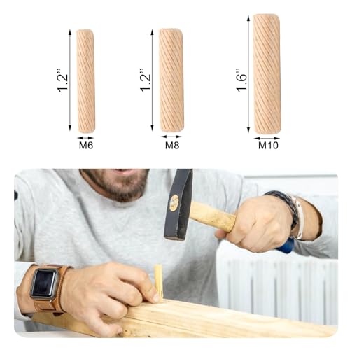 Quacc 21 PCS Wooden Dowels Assorted Set, M6 M8 M10 Hard Wood Pegs Grooved Fluted Woodwork Pins Wooden Plugs for Screw Holes Furniture DIY Craft Carpentry