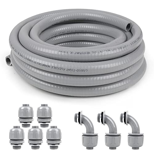 1-1/2(1.5) 25ft Liquid-Tight Conduit and Connector Kit,Flexible Non Metallic Liquid Tight Electrical Conduit Kit with 5 Straight and 3 90-Degree Connector Fittings,1-1/2in. Dia - size: 1-1/2 25ft