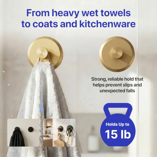 HOME SO Suction Cup Hooks for Shower & Bathroom Towel Holder 2-Pack Gold - color: Brushed Gold, size: 2 Pack