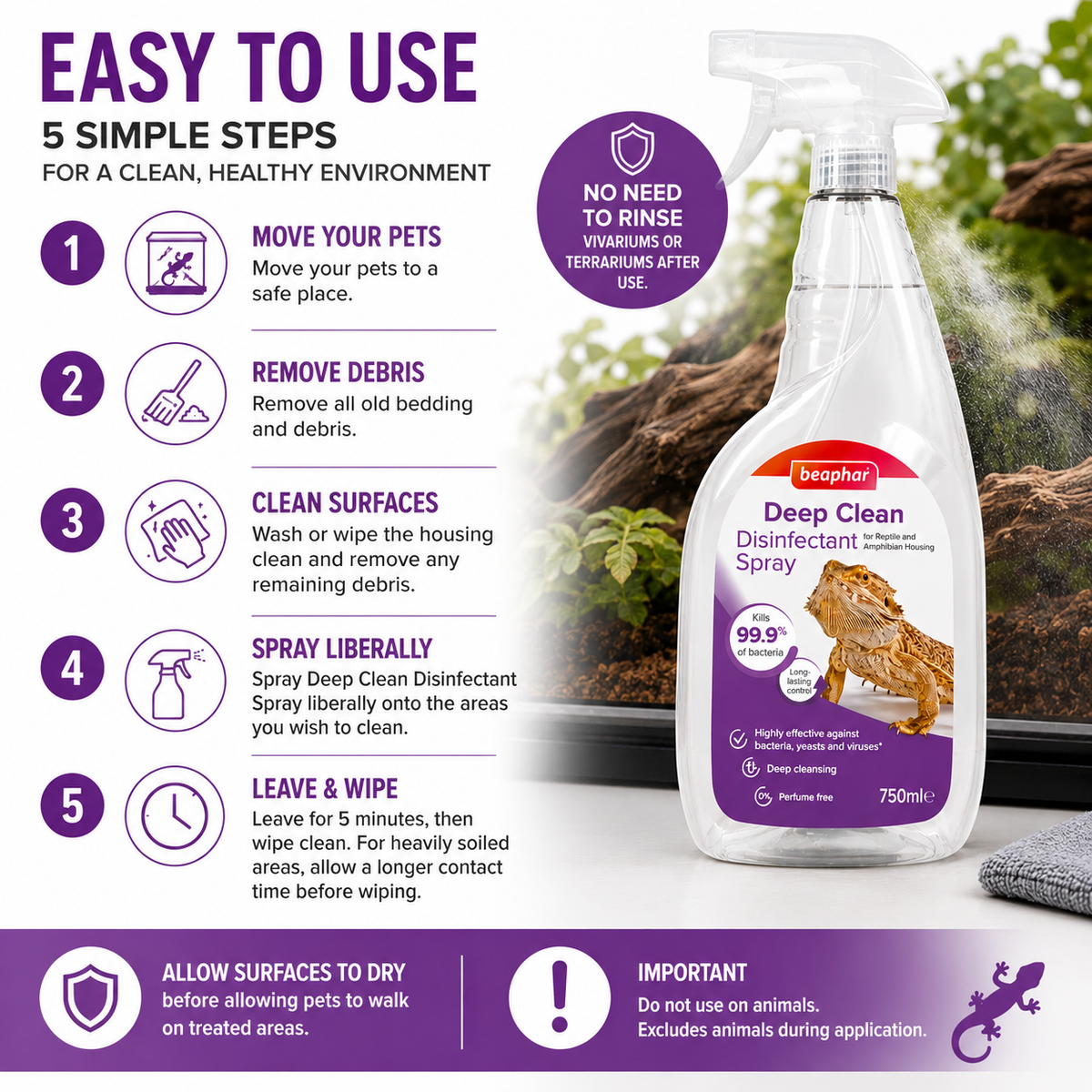 Beaphar Deep Clean Reptile Disinfectant 750ml Vivarium Terrarium Cleaner Spray