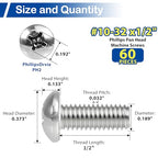 60Pcs #10-32 x 1/2" Phillips Pan Head Machine Screws, UNF Fully Threaded - size: #10-32 x 1/2"