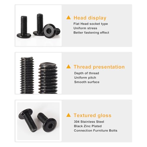 M8 x 70mm 8Pcs Flat Head Hex Socket Cap Screws, 304 Stainless Steel 18-8, Black Zinc Plated, Connection Furniture Bolts, Full Thread - size: M8 x 70mm(10PCS)