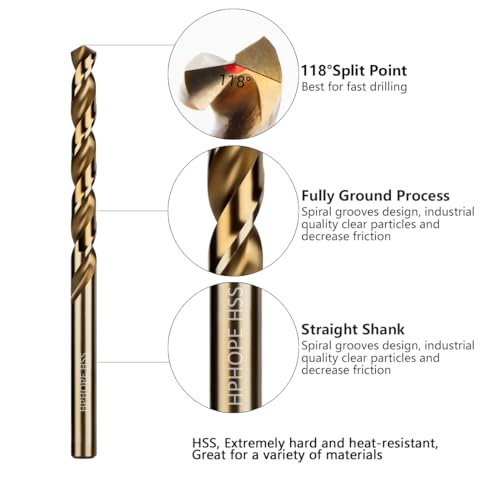 3/8 Inch HSS Twist Drill Bits 5Pcs, HPHOPE 3/8" Jobber Drill Bits Set, Straight Round Shank, Suitable for Drilling in Hard Metal, Stainless Steel, Cast Iron - size: 3/8 Inch, 5Pcs