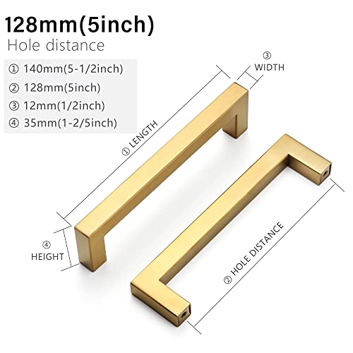 Cabinet Pulls Gold Cabinet Handles Square Drawer Pulls, 10 Pack 5 Inch Stainless Steel Kitchen Door Cupboard Cabinet Handles, Drawer Hardware Handles, 128mm Hole Centers - color: Gold, size: Two Hole - 5 inch Hole Centers(128mm)