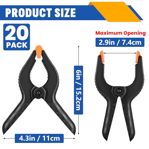 20 Pack 6 inch Plastic Spring Clamps, Black Heavy Duty Clips - size: 6in-20P