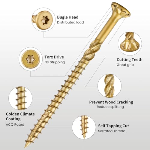#10 x 3-1/8 in Multi-Purpose Wood Deck Screw for Interior and Exterior,Bugle Head,Golden Coated with T25 Bit Star Drive Torx for Furniture Building/Fence/Decking(1LBS,56Pcs) - color: Golden 1lb Per Box, size: #10 x 3-1/8"