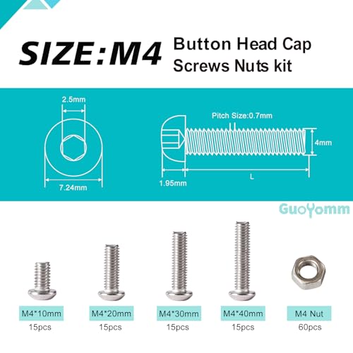 M4 x 10mm 20mm 30mm 40mm Button Head Socket Cap Screws Bolts and Nuts, Stainless Steel 304, Bright Finish, Metric Allen Hex Drive, Fully Thread, Assortment Kit 120PCS - size: Button M4x10-40mm+Nuts